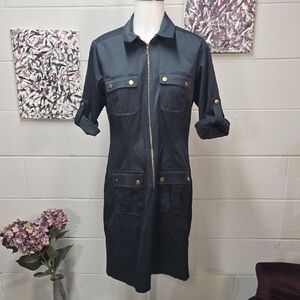 Sharagano Dark Blue Utility Dress with Gold Accents